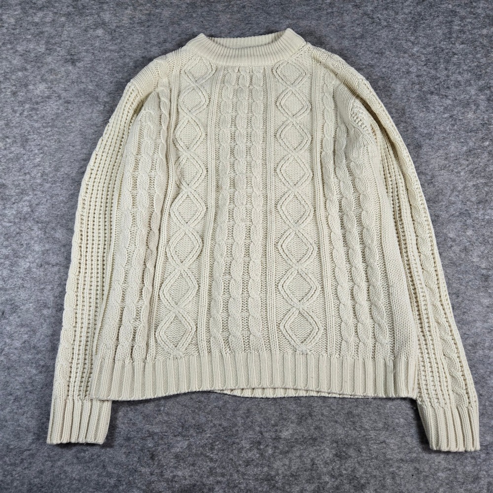 Vintage Cable Knit Fisherman Gimbels Mens Cream Crew Neck Sweater XL